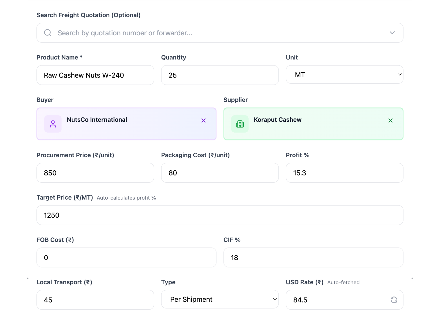 IMPEXify Export Calculator input form